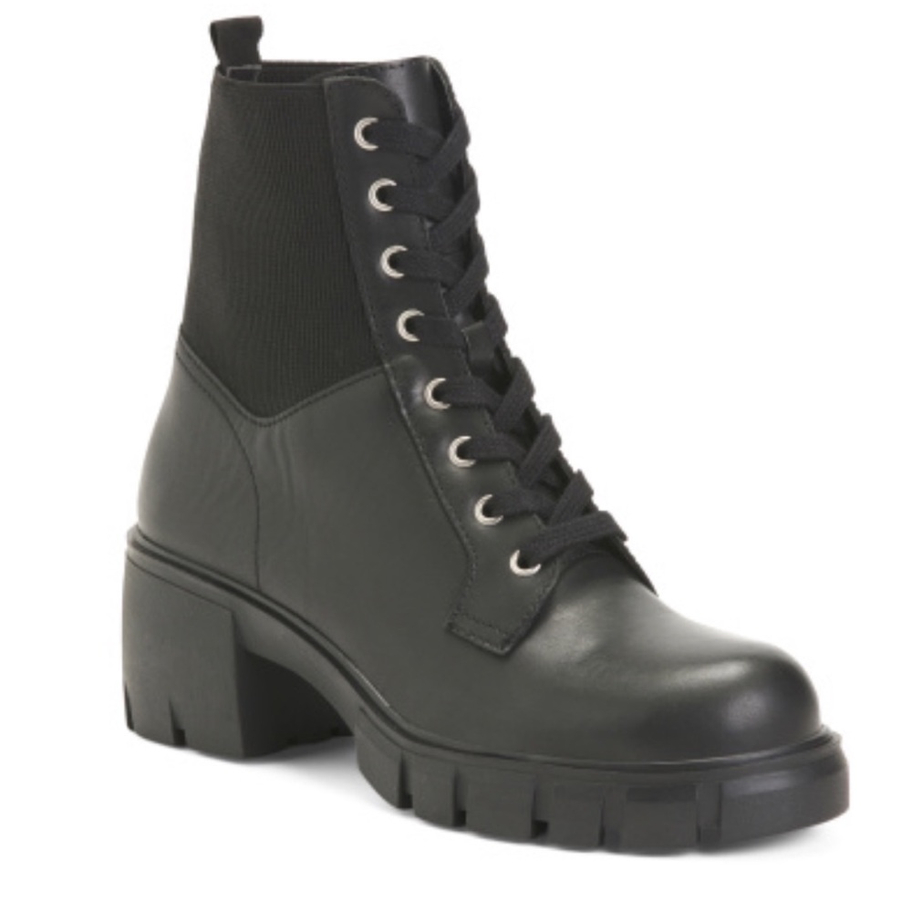 Steve Madden Zanet Black Leather Lug Sole Boots Size 10
